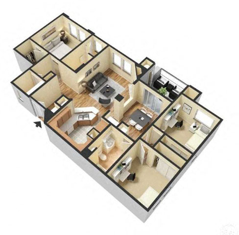 Floor plan for 3 beds, 2 baths, 1265 sqft